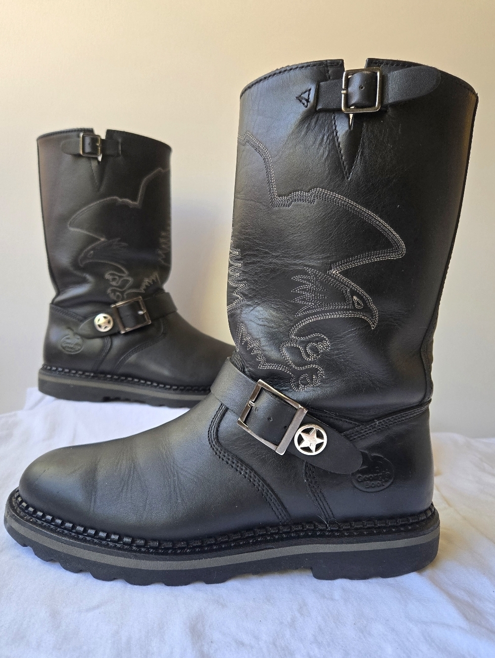 Georgia Boot Men's Black Leather Engineer Motor Bike Boots Eagle Detail Size 9